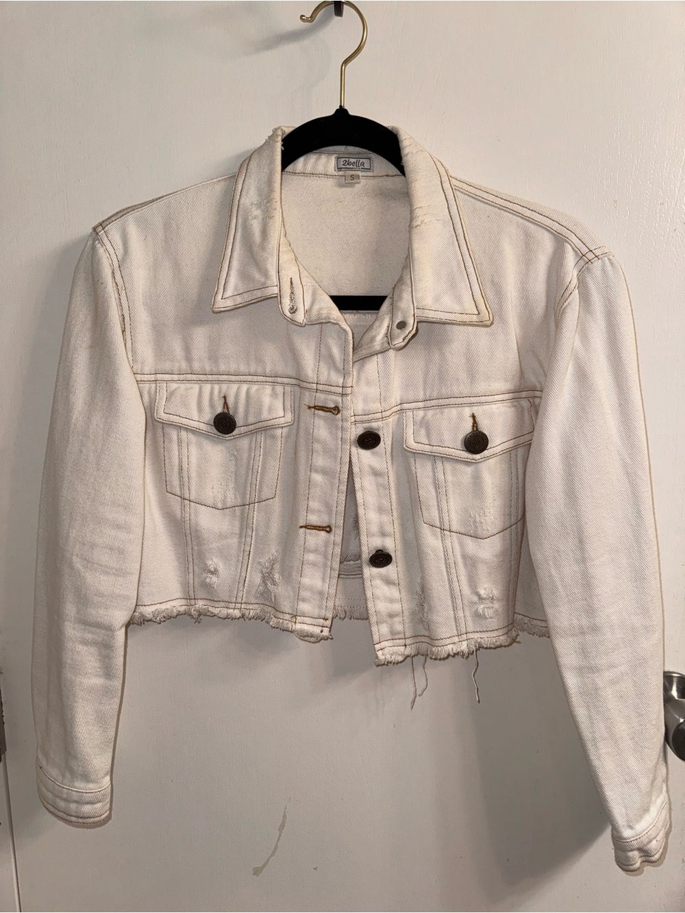 2Bella Off-White Cropped Denim Jacket - Distressed Button-Front